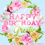 A charming animated GIF featuring 'Happy Birthday Greetje' in pink and green text, surrounded by delicate roses, leaves, and fluttering butterflies on a soft light blue pastel background.