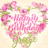 A stunning heart made of pink roses surrounds the elegant script text 'Happy Birthday Greetje' on a soft beige background. Animated sparkles add a magical and festive feel.