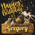 Celebrate Gregory's birthday with a GIF featuring chocolate cake, a lit sparkler, and golden stars