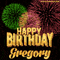 Wishing You A Happy Birthday, Gregory! Best fireworks GIF animated greeting card.