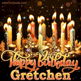 A glowing personalized birthday GIF with name Gretchen featuring lit candles with intricate designs, warm lighting, and the text 'Happy Birthday' in an elegant font.