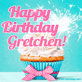 A festive cupcake with pink icing, a gingham bow, and a lit animated sparkler, paired with 'Happy Birthday Gretchen!' in bright pink text.