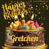 A delightful chocolate birthday cake with bright candles and 'Happy Birthday Gretchen' written in gold amidst a shower of animated stars.