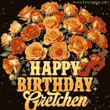 Animated bouquet of orange roses with moving butterfles and golden 'Happy Birthday Gretchen' text, surrounded by sparkling accents and a dark backdrop for a luxurious feel.