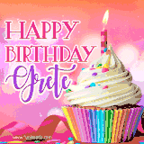 A vibrant birthday GIF featuring a rainbow-colored cupcake topped with white frosting, sprinkles, and a lit candle. The text reads 'Happy Birthday Grete' in bold pink and violet letters with white outline.