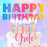 A vibrant animated name GIF with the words 'Happy Birthday Grete' with colorful candles on a creamy cake. The background sparkles with pastel shades, adding a festive touch.
