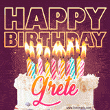 A colorful birthday cake topped with lit candles, with the words 'Happy Birthday Grete' in bold glowing letters on a burgundy background. Animated flames add a festive touch.