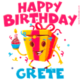 A vibrant and funny gift box character with a happy face dancing with a cupcake and the text 'Happy Birthday Grete,' surrounded by animated confetti and party vibes.