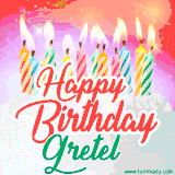 Bright birthday candles with rainbow flames on a cake, alongside the text 'Happy Birthday Gretel' in vibrant script in this celebratory animated GIF.
