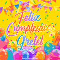 A bright and festive GIF with the text 'Feliz Cumpleaños Gretel' in Spanish in colorful fonts, surrounded by confetti, balloons, and festive banners on a vibrant yellow background.