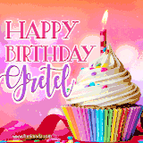 A vibrant birthday GIF featuring a rainbow-colored cupcake topped with white frosting, sprinkles, and a lit candle. The text reads 'Happy Birthday Gretel' in bold pink and violet letters with white outline.