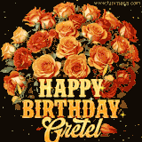 Animated bouquet of orange roses with moving butterfles and golden 'Happy Birthday Gretel' text, surrounded by sparkling accents and a dark backdrop for a luxurious feel.
