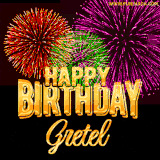 A golden 'Happy Birthday Gretel' message with vibrant fireworks in the background, creating a festive and celebratory vibe in this animated name GIF.