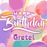 A vibrant name GIF featuring colorful balloons in shades of pink, orange, and yellow with the bold text 'Happy Birthday Gretel' in festive fonts, creating a lively birthday vibe.