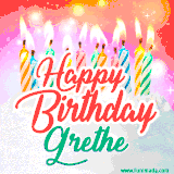 Bright birthday candles with rainbow flames on a cake, alongside the text 'Happy Birthday Grethe' in vibrant script in this celebratory animated GIF.