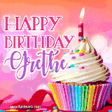 A vibrant birthday GIF featuring a rainbow-colored cupcake topped with white frosting, sprinkles, and a lit candle. The text reads 'Happy Birthday Grethe' in bold pink and violet letters with white outline.