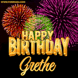 A golden 'Happy Birthday Grethe' message with vibrant fireworks in the background, creating a festive and celebratory vibe in this animated name GIF.