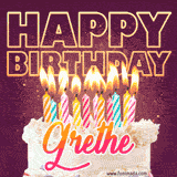 A colorful birthday cake topped with lit candles, with the words 'Happy Birthday Grethe' in bold glowing letters on a burgundy background. Animated flames add a festive touch.