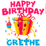A vibrant and funny gift box character with a happy face dancing with a cupcake and the text 'Happy Birthday Grethe,' surrounded by animated confetti and party vibes.