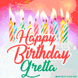 Bright birthday candles with rainbow flames on a cake, alongside the text 'Happy Birthday Gretta' in vibrant script in this celebratory animated GIF.