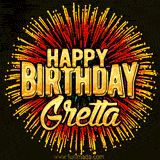 Golden 'Happy Birthday Gretta' text accompanied by animated rainbow fireworks for a festive animated greeting.