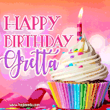 A vibrant birthday GIF featuring a rainbow-colored cupcake topped with white frosting, sprinkles, and a lit candle. The text reads 'Happy Birthday Gretta' in bold pink and violet letters with white outline.