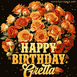 Animated bouquet of orange roses with moving butterfles and golden 'Happy Birthday Gretta' text, surrounded by sparkling accents and a dark backdrop for a luxurious feel.
