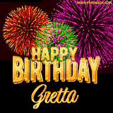 A golden 'Happy Birthday Gretta' message with vibrant fireworks in the background, creating a festive and celebratory vibe in this animated name GIF.