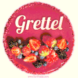 Beautifully decorated red velvet berry birthday cake with vibrant fruits and a glowing 'Grettel' name, adding a touch of sweetness and sparkle.