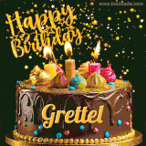 A delightful chocolate birthday cake with bright candles and 'Happy Birthday Grettel' written in gold amidst a shower of animated stars.