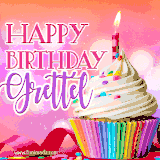 A vibrant birthday GIF featuring a rainbow-colored cupcake topped with white frosting, sprinkles, and a lit candle. The text reads 'Happy Birthday Grettel' in bold pink and violet letters with white outline.