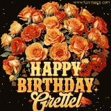 Animated bouquet of orange roses with moving butterfles and golden 'Happy Birthday Grettel' text, surrounded by sparkling accents and a dark backdrop for a luxurious feel.