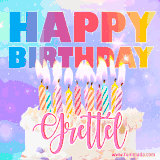 A vibrant animated name GIF with the words 'Happy Birthday Grettel' with colorful candles on a creamy cake. The background sparkles with pastel shades, adding a festive touch.