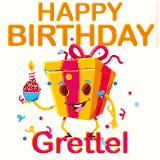 A vibrant and funny gift box character with a happy face dancing with a cupcake and the text 'Happy Birthday Grettel,' surrounded by animated confetti and party vibes.