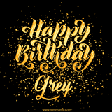 Animated GIF with colorful, festive 'Happy Birthday Grey' text decorated with patterns, a party hat, and falling confetti. A vibrant and cheerful design for birthday celebrations.