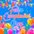 A vibrant animated GIF with 'Feliz Cumpleaños Grey' written in colorful script, surrounded by balloons, confetti, and bunting on a bright blue background.