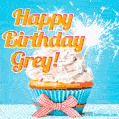 A cheerful animated GIF of a cupcake with creamy frosting, a red checkered ribbon, and a bright sparkler on top. The text 'Happy Birthday Grey!' is displayed in vibrant orange and red.