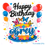 Vibrant clusters of red, pink, blue, and orange balloons on both sides of a decorative butterfly-themed cake for Grey.
