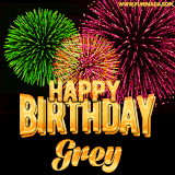 A captivating GIF with bursts of green, pink, and orange fireworks lighting up the night sky, accompanied by 'Happy Birthday Grey' in glowing golden text.