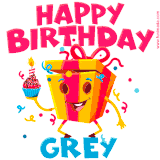 A funny animated birthday GIF with the words 'Happy Birthday Greya', colorful gift box with arms and legs, holding a cupcake with a lit candle  with confetti everywhere.