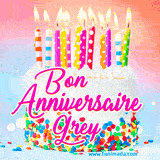 A white birthday cake covered in colorful sprinkles, topped with bright candles, and French text 'Bon Anniversaire Grey' on a pastel gradient background in an animated GIF.