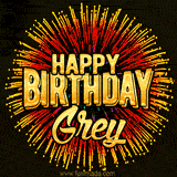 Golden 'Happy Birthday Grey' text accompanied by animated rainbow fireworks for a festive animated greeting.