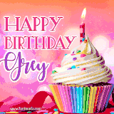 A vibrant birthday GIF featuring a rainbow-colored cupcake topped with white frosting, sprinkles, and a lit candle. The text reads 'Happy Birthday Grey' in bold pink and violet letters with white outline.