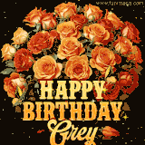 Animated bouquet of orange roses with moving butterfles and golden 'Happy Birthday Grey' text, surrounded by sparkling accents and a dark backdrop for a luxurious feel.