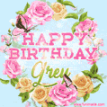 A charming animated GIF featuring 'Happy Birthday Grey' in pink and green text, surrounded by delicate roses, leaves, and fluttering butterflies on a soft light blue pastel background.