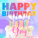 A vibrant animated name GIF with the words 'Happy Birthday Grey' with colorful candles on a creamy cake. The background sparkles with pastel shades, adding a festive touch.
