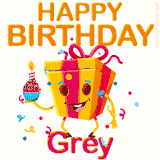 A vibrant and funny gift box character with a happy face dancing with a cupcake and the text 'Happy Birthday Grey,' surrounded by animated confetti and party vibes.