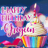 A festive animated GIF featuring a colorful cupcake with a single lit candle, sprinkles, and 'Happy Birthday Greycen' text against a sparkling, celebratory background.