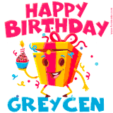 A funny animated birthday GIF with the words 'Happy Birthday Greycena', colorful gift box with arms and legs, holding a cupcake with a lit candle  with confetti everywhere.