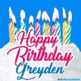 A cheerful animated GIF featuring colorful lit birthday candles on a white cake, with the text 'Happy Birthday Greyden' in bold red and blue script on a bright blue background.